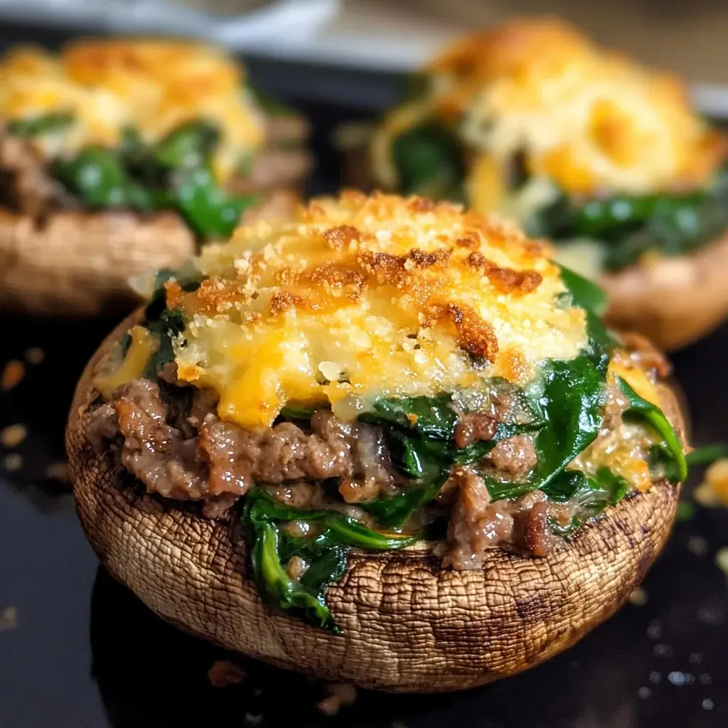 Cheesy Spinach & Beef Stuffed Mushrooms