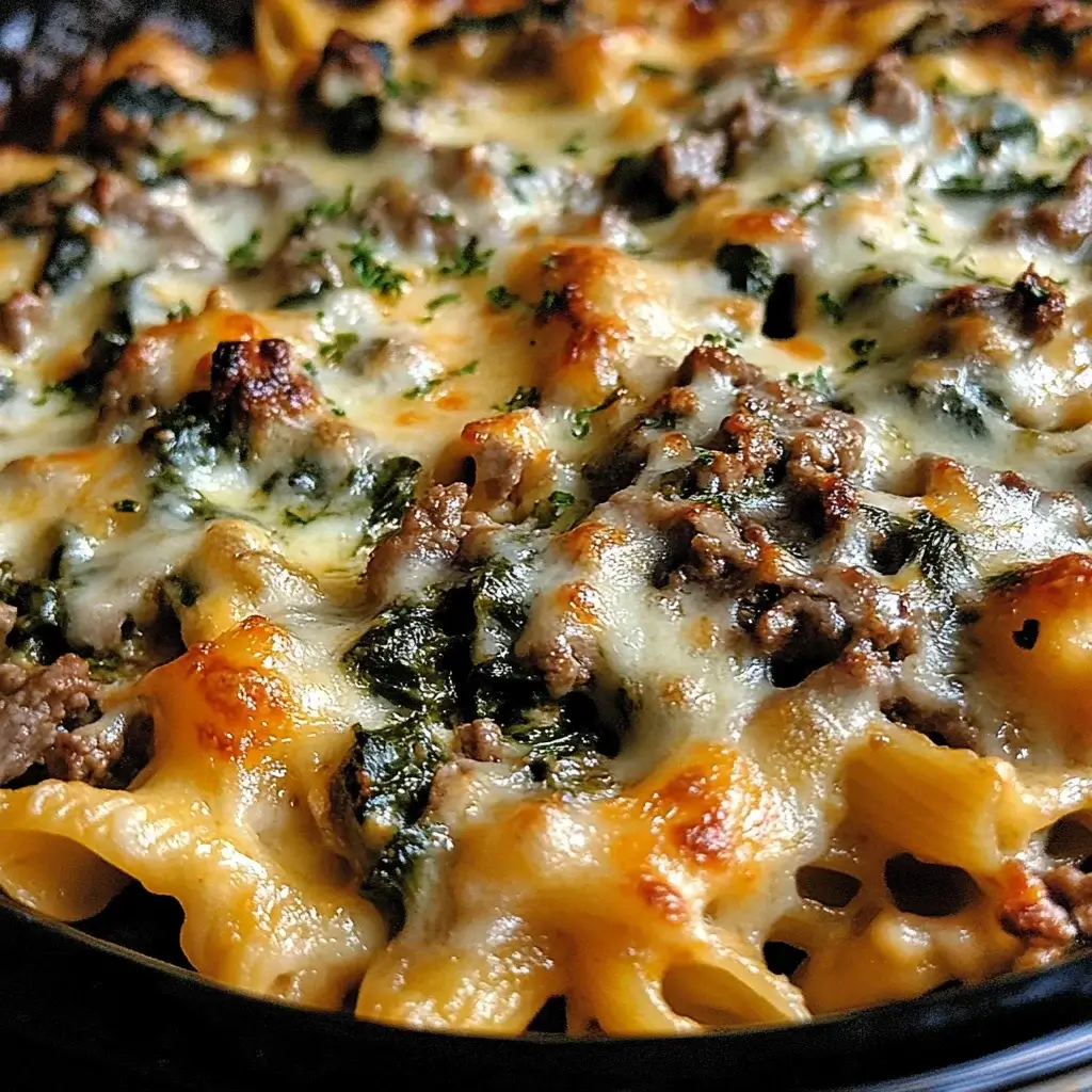 Cheesy Spinach and Beef Pasta Bake